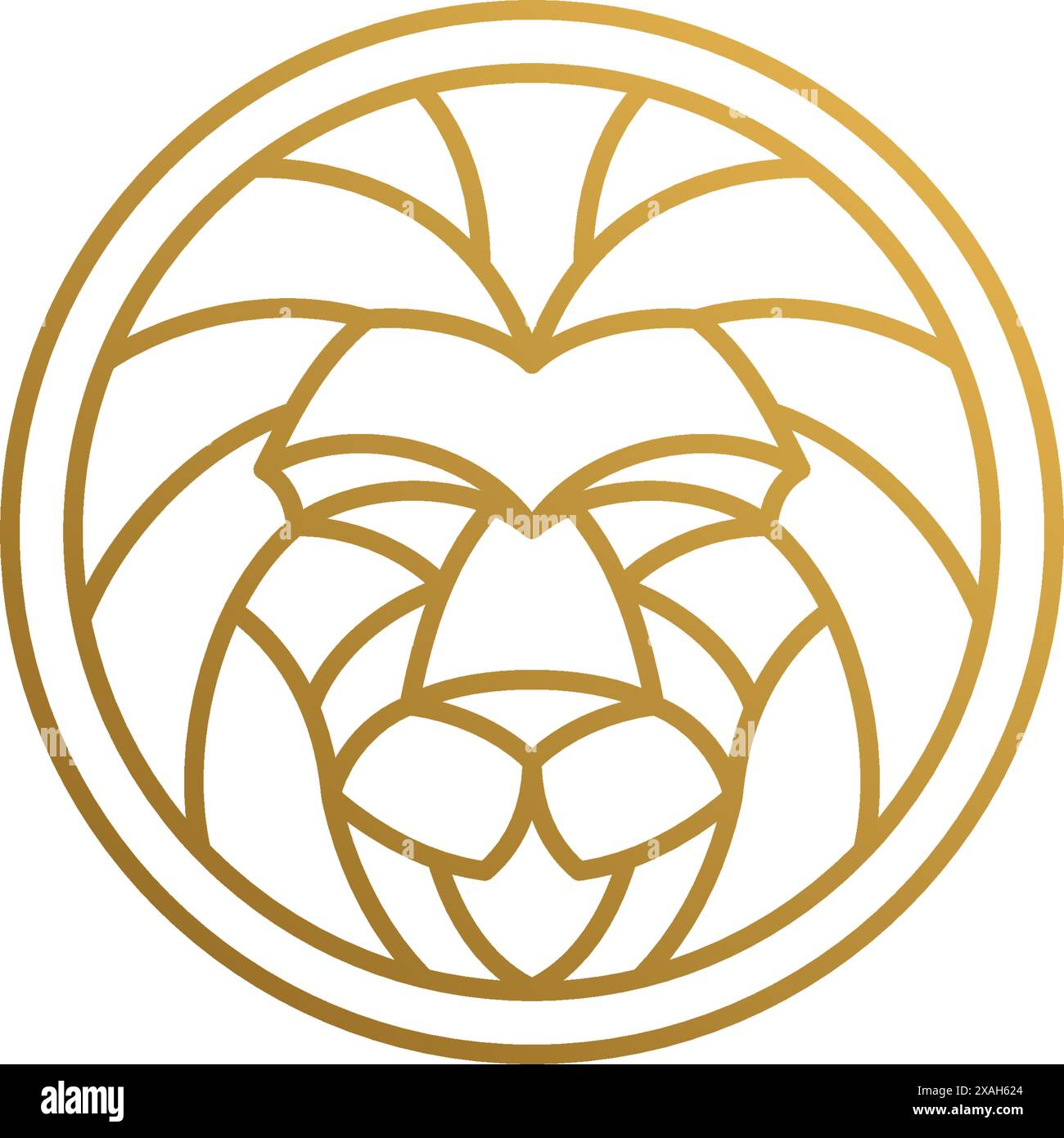 Illustrazione vettoriale minima del modello di design del logo in stile lineare di forma rotonda con testa di leone geometrica dorata come predatore aggressivo dell'apice Illustrazione Vettoriale