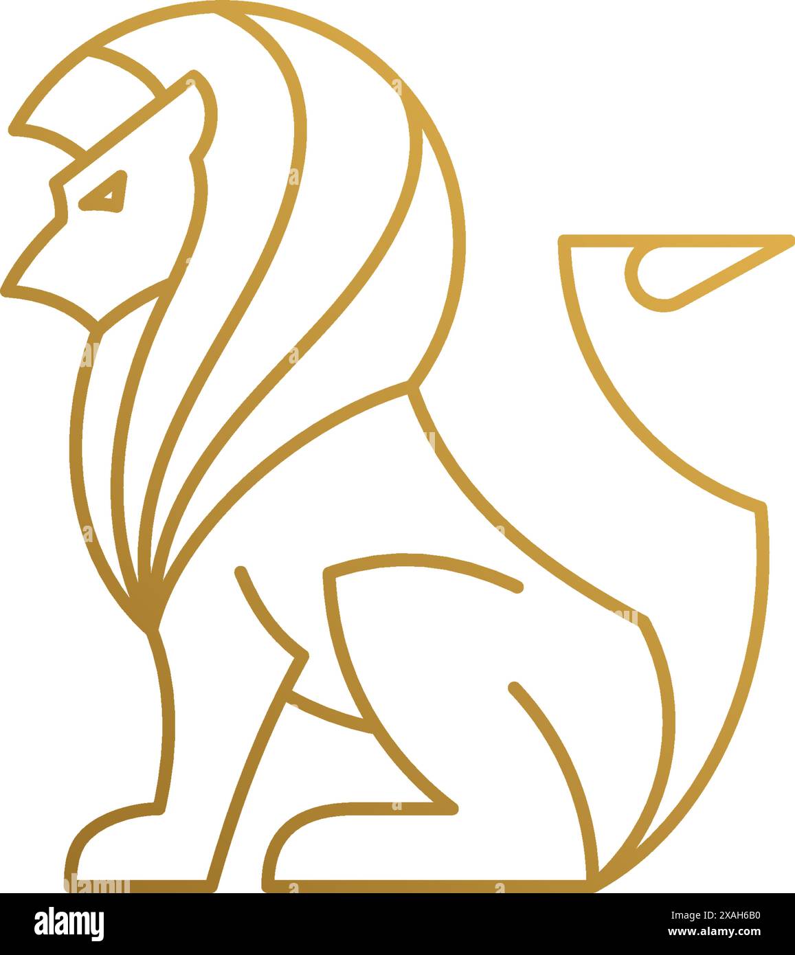 Semplice illustrazione vettoriale di un emblema grafico sagomato modello di robusto leone seduto con criniera a righe disegnata a mano con linee dorate Illustrazione Vettoriale