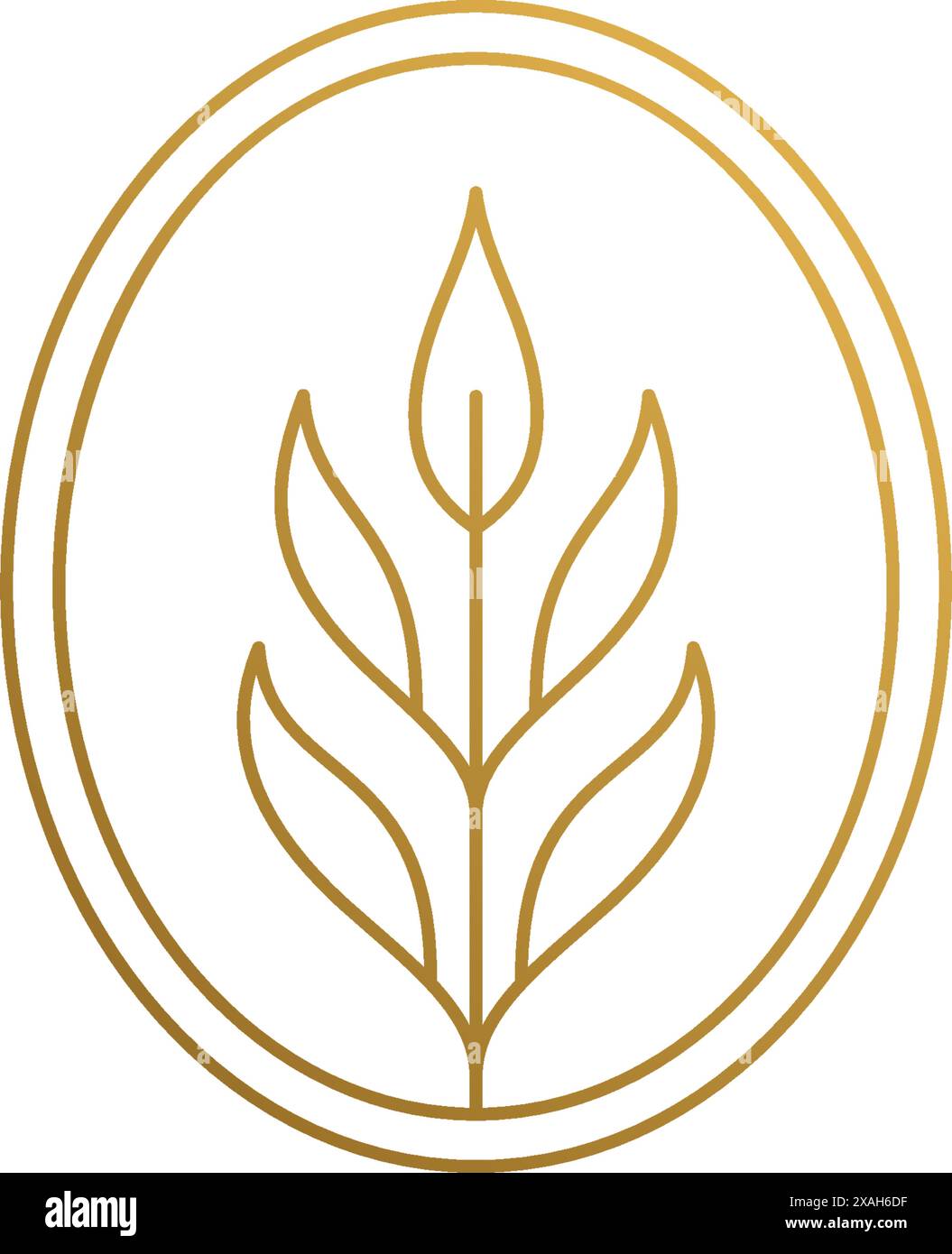 Semplice illustrazione vettoriale del modello di emblema in stile lineare con struttura ovale con sottile ramo vegetale con foglie disegnate con linee dorate Illustrazione Vettoriale