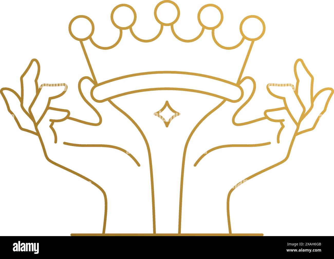 Semplice illustrazione vettoriale del modello di design del logo lineare di mani femminili che tengono la corona disegnata con sottili linee dorate Illustrazione Vettoriale