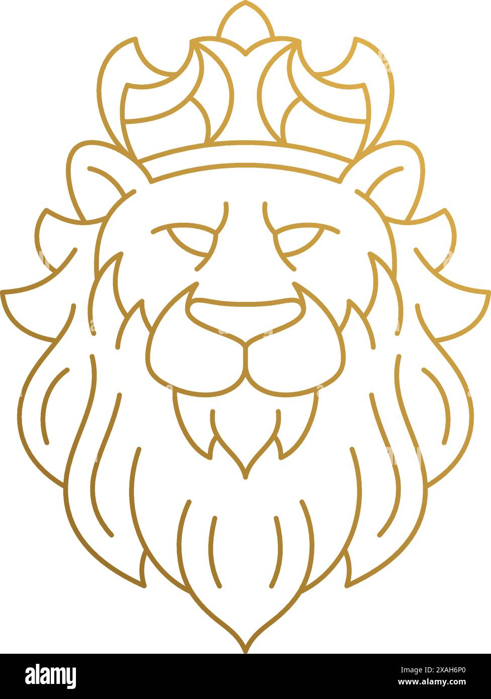 Illustrazione vettoriale minima dell'emblema del profilo di un meraviglioso leone in corona come re degli animali disegnato a mano con linee dorate Illustrazione Vettoriale