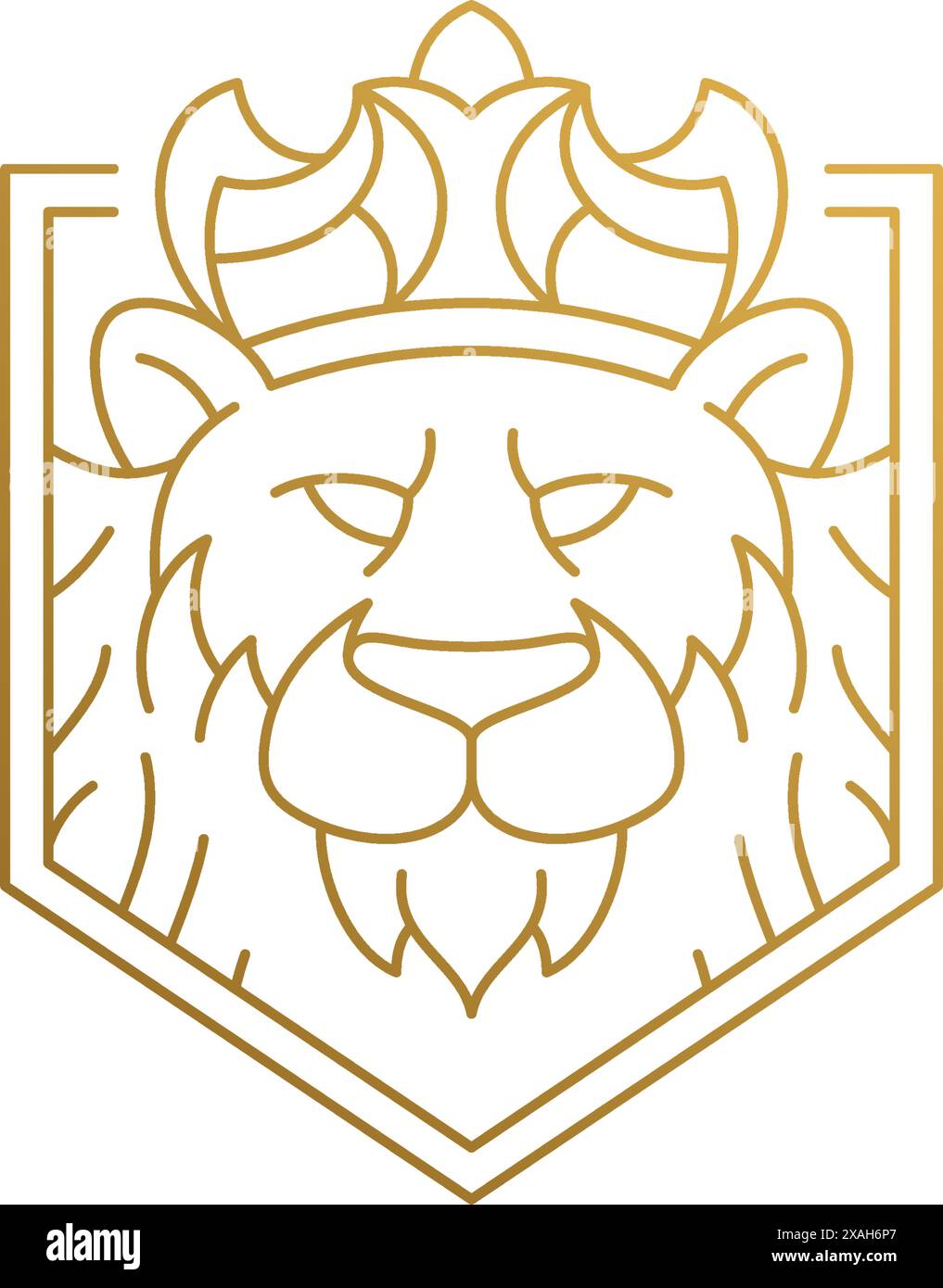 Illustrazione vettoriale minima dell'emblema del profilo di un meraviglioso leone in corona come re degli animali disegnato a mano con linee dorate Illustrazione Vettoriale