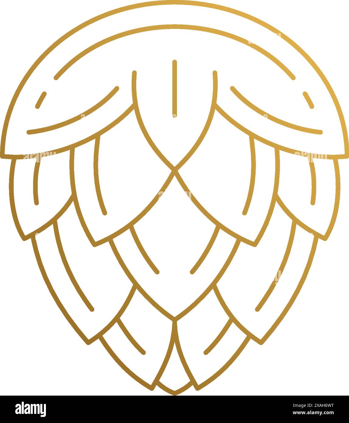 Semplice illustrazione vettoriale del disegno grafico del logo modello del fiore naturale di luppolo per la produzione della birra disegnato a mano con linee dorate Illustrazione Vettoriale