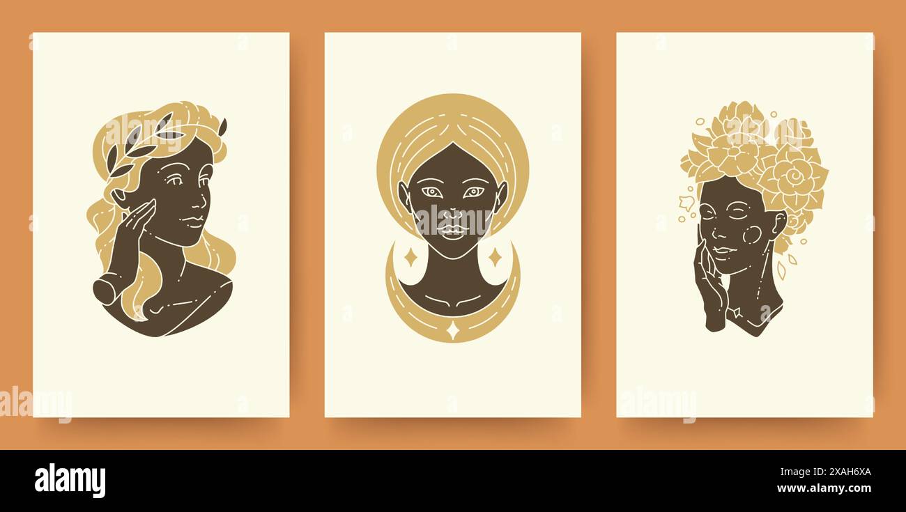 Set di ritratti e silhouette femminili astratti stile moderno di disegno line art. Collezione di illustrazioni vettoriali di donna poster di arte murale stampa templa Illustrazione Vettoriale