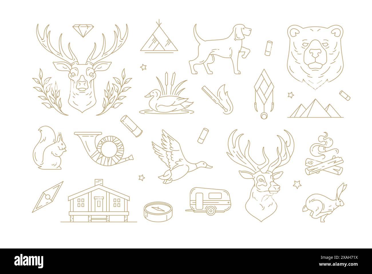 Collezione di semplici illustrazioni vettoriali di diversi loghi e emblemi con vari animali ed elementi da caccia isolati su backgroun bianco Illustrazione Vettoriale