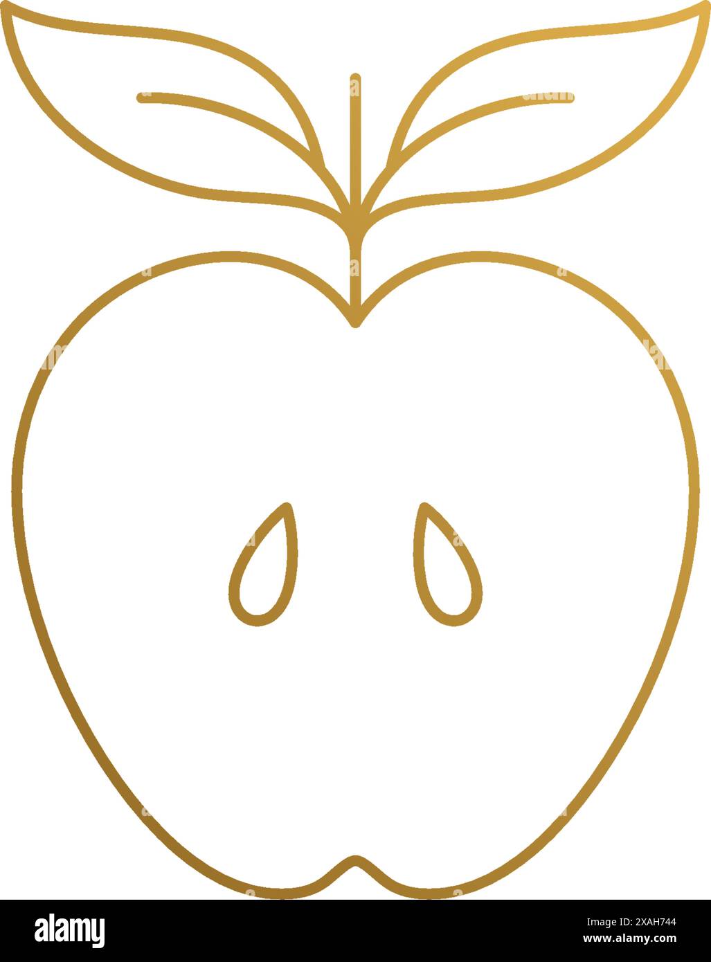 Semplice illustrazione vettoriale del modello del logo lineare di metà mela matura con foglie disegnate a mano con linee dorate Illustrazione Vettoriale
