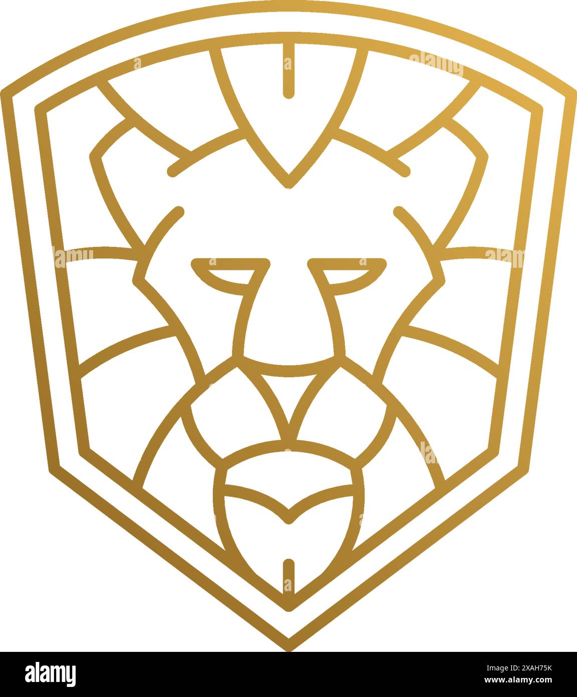 Illustrazione vettoriale minima dello shield shap modello di design del logo in stile lineare con testa di leone geometrica dorata come predatore aggressivo Illustrazione Vettoriale