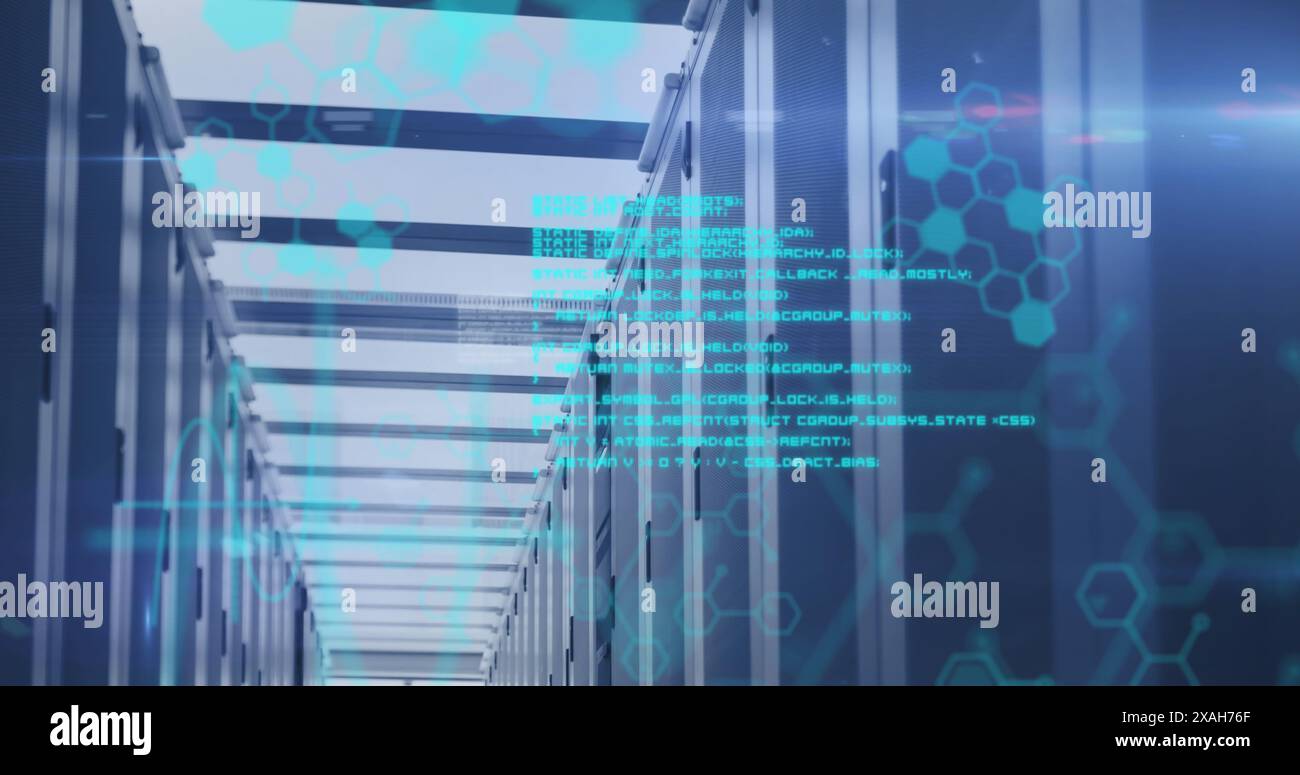 Immagine composita dell'elaborazione dei dati rispetto alla sala server del computer Foto Stock