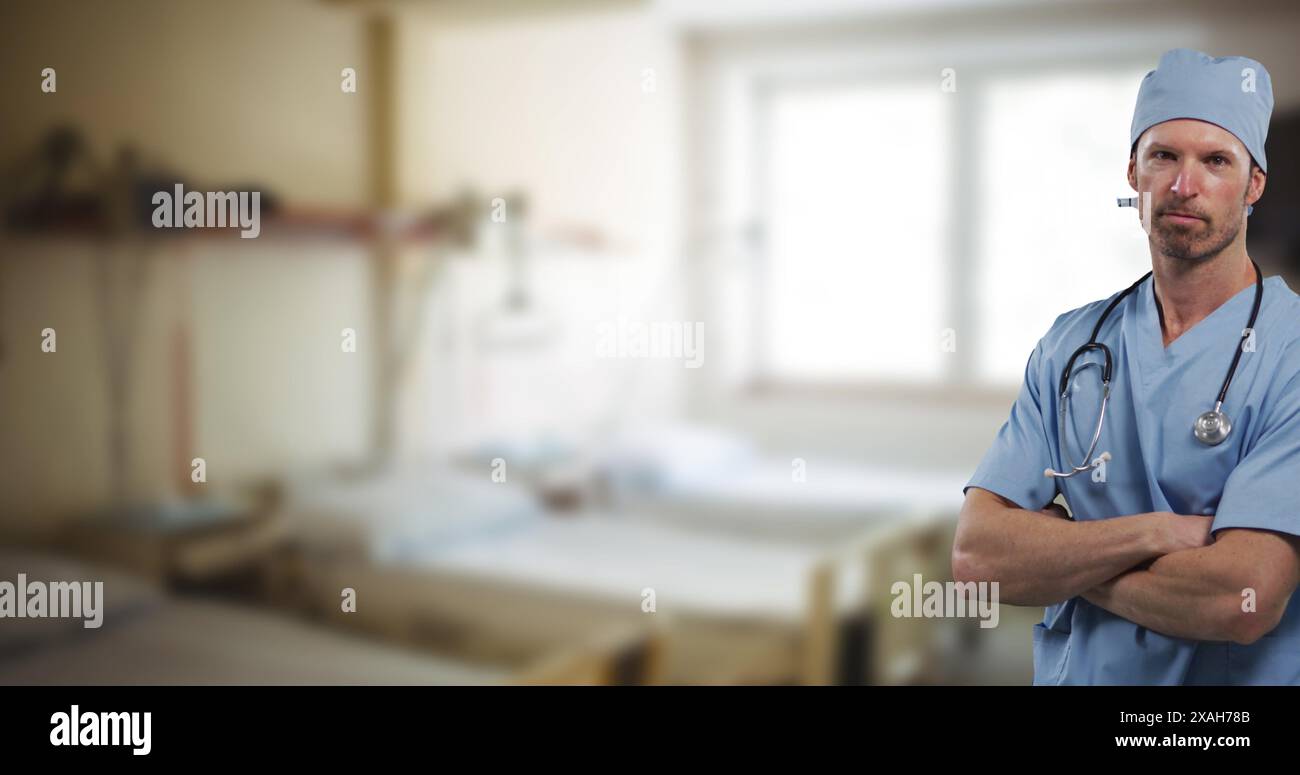 Immagine del medico maschile caucasico sopra l'ospedale Foto Stock