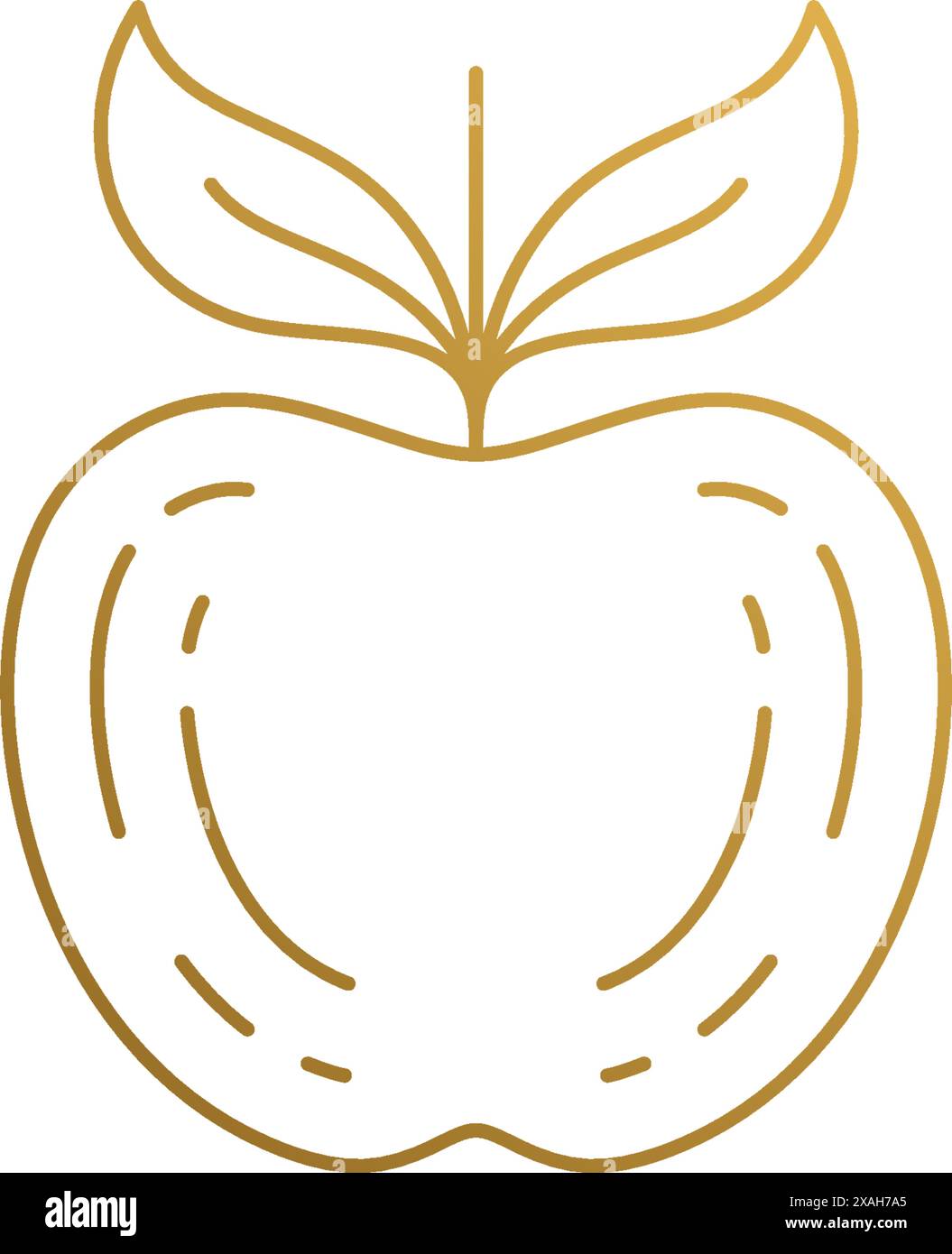 Semplice illustrazione vettoriale del modello minimale di emblema lineare di mela matura intera con foglie disegnate a mano con linee dorate Illustrazione Vettoriale
