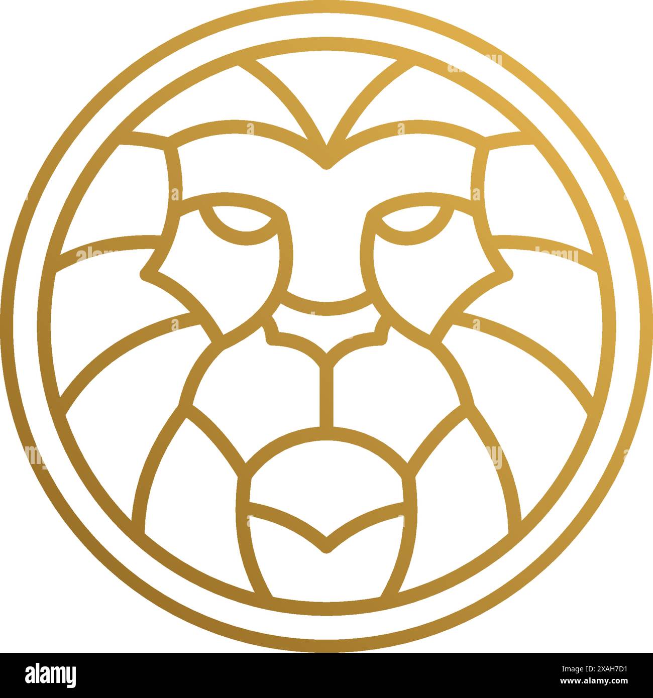 Illustrazione vettoriale minima del modello di design del logo in stile lineare di forma rotonda con testa di leone geometrica dorata come predatore aggressivo dell'apice Illustrazione Vettoriale