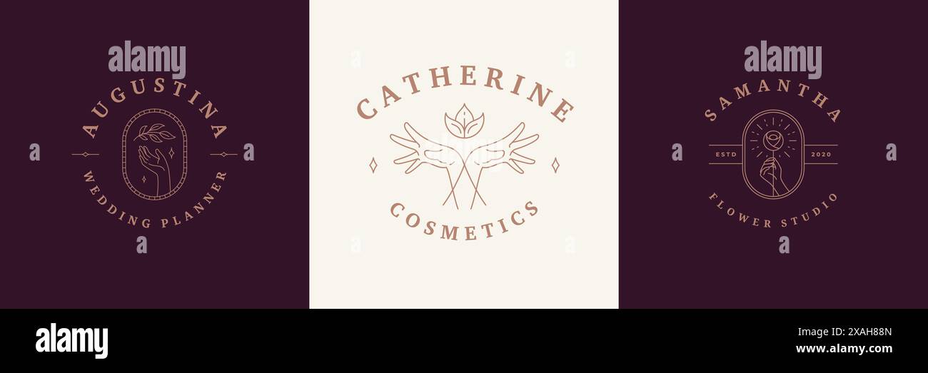 Logo femminili emblemi modelli di design con mani e fiori da donna illustrazioni vettoriali stile minimal line art. Simboli lineari per cosmetici e. Illustrazione Vettoriale