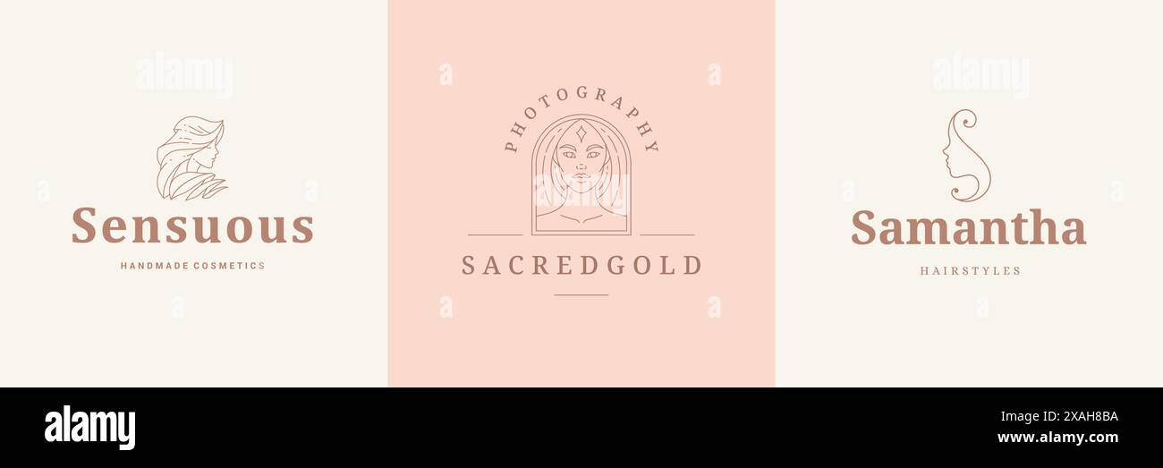 Logo femminili emblemi modelli di design con ritratti femminili illustrazioni vettoriali stile lineare minimalista. Simboli di contorno per insegne da parrucchiere Illustrazione Vettoriale