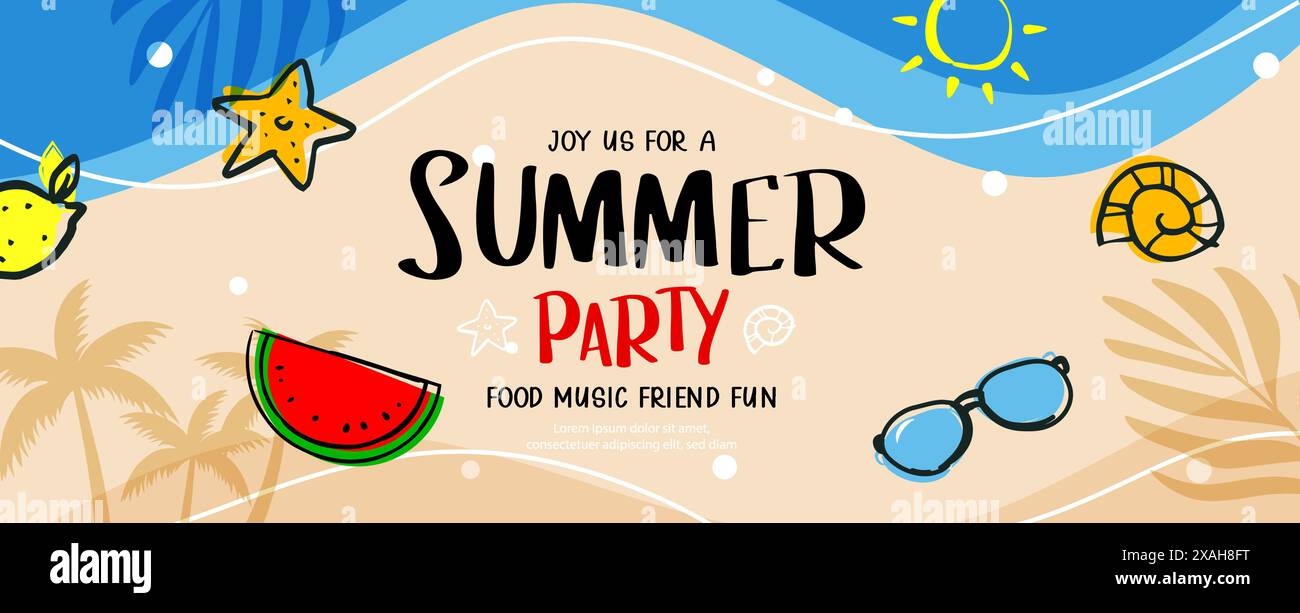 Poster per feste estive con elemento doodle sullo sfondo della spiaggia. Illustrazione Vettoriale