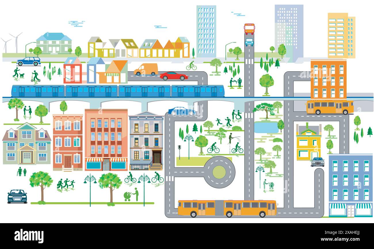 Panoramica della città con traffico e case, illustrazione delle informazioni Illustrazione Vettoriale