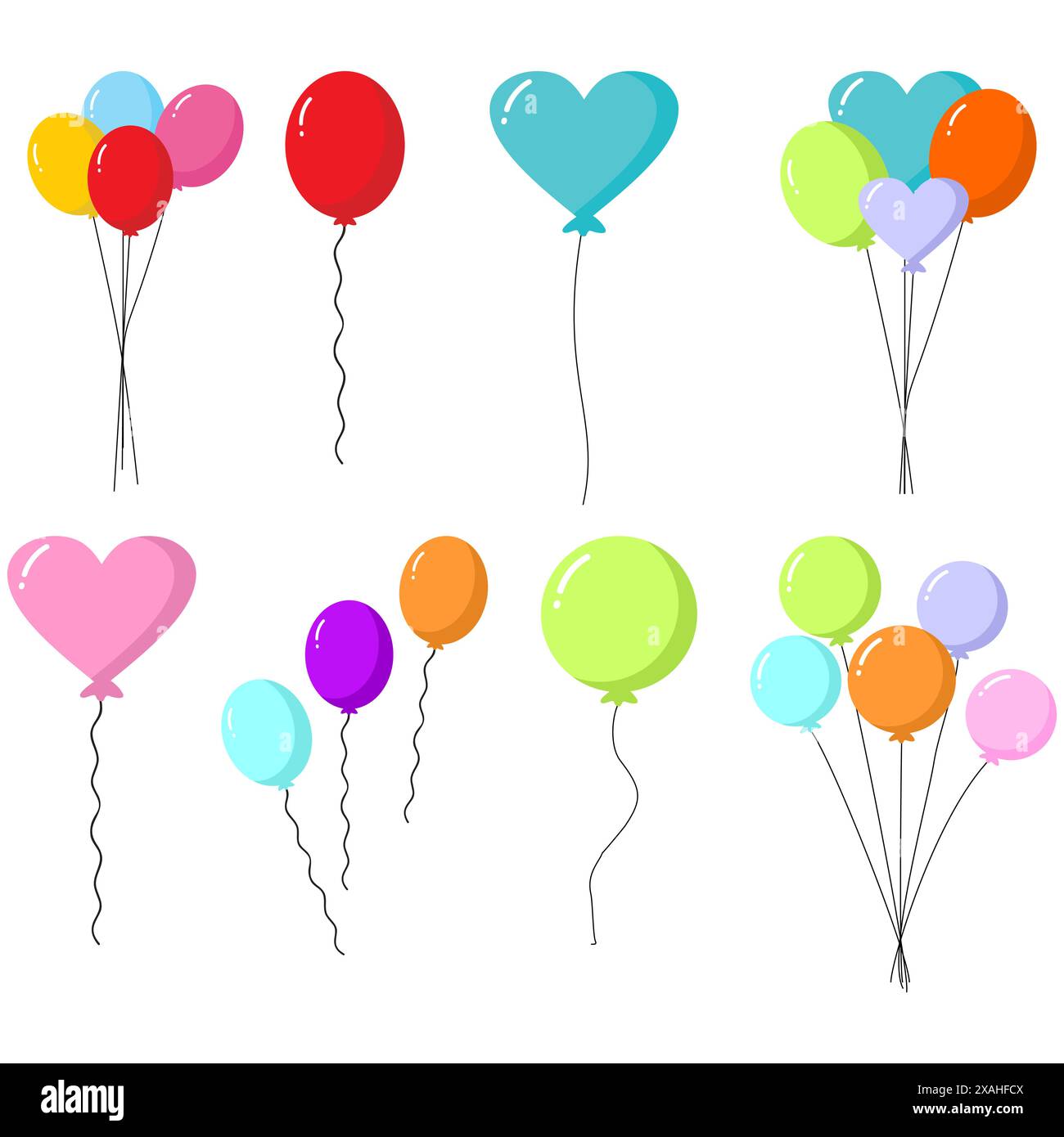 Palloncini colorati isolati su sfondo bianco. Set di bollature. Un sacco di palloncini per il compleanno e la festa. Pallone volante con corda. Anniversario Illustrazione Vettoriale