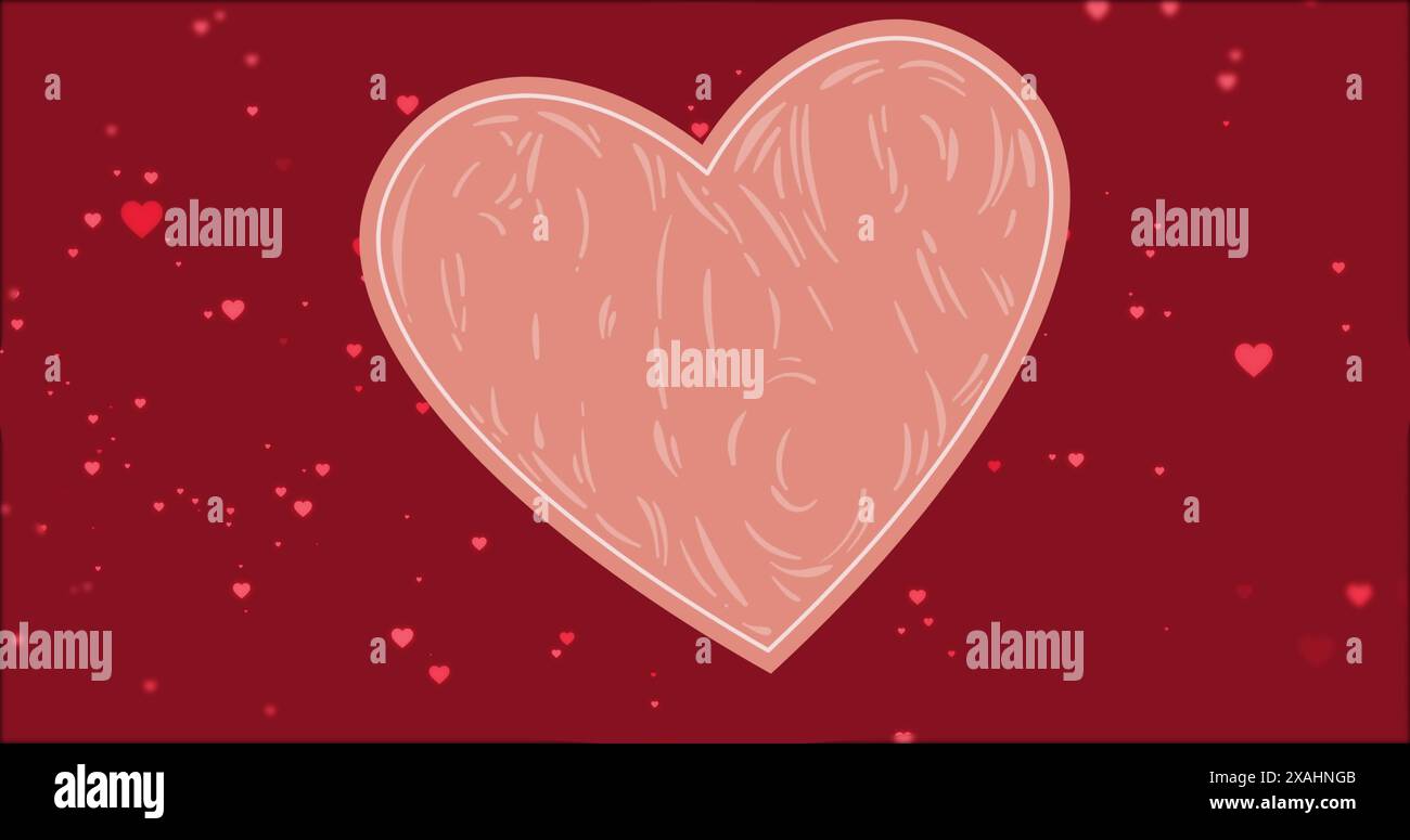 Immagine del cuore rosa su sfondo rosso con cuori fluttuanti Foto Stock