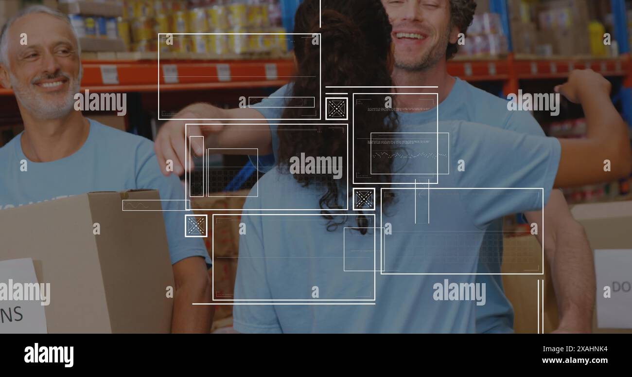 Immagine dell'elaborazione dei dati su diversi volontari maschi e femmine che si abbracciano a vicenda nel magazzino Foto Stock