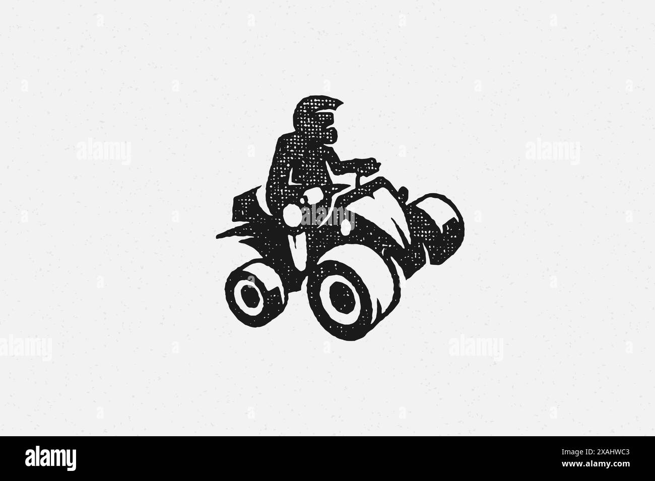 Silhouette nera persona con casco che guida un giro in quadriciclo in campagna illustrazione vettoriale con effetto timbro disegnato a mano. Texture vintage da campeggio grunge Illustrazione Vettoriale