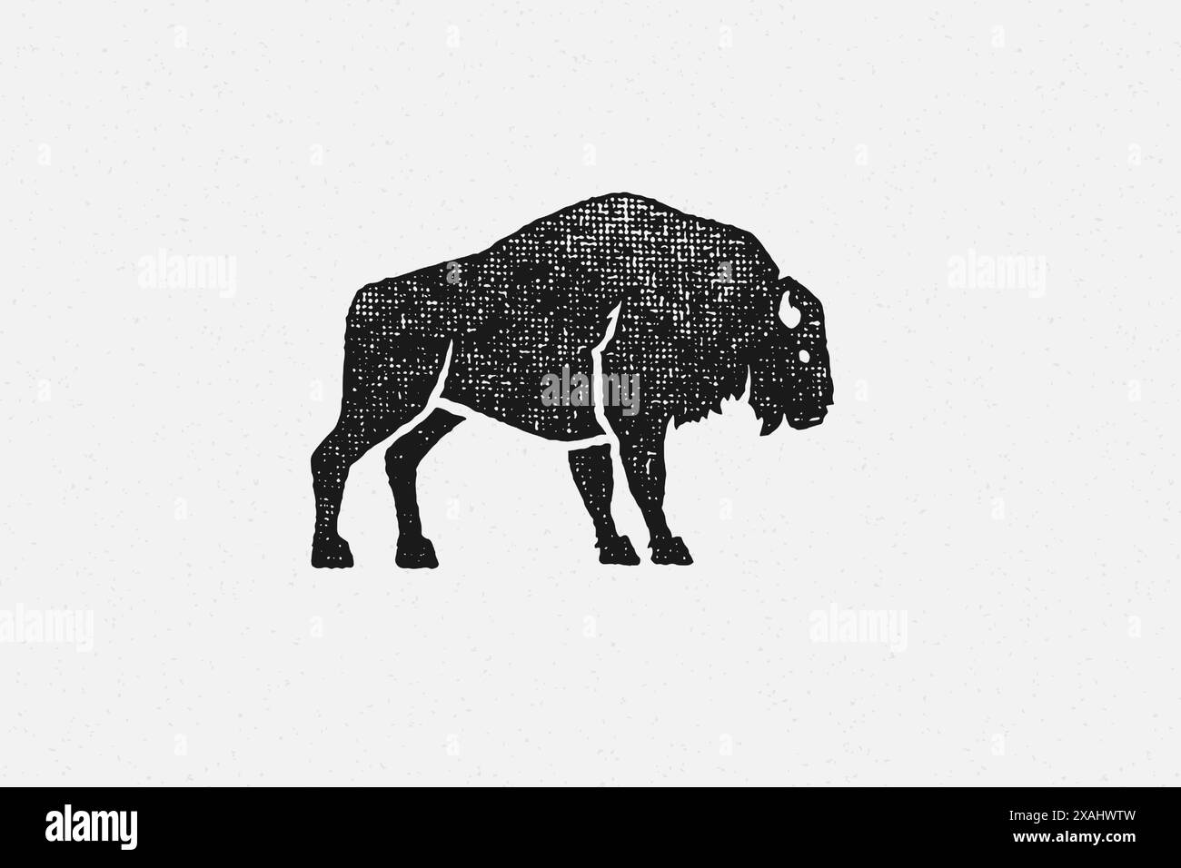 Bufalo selvatico con silhouette nera, simbolo della fauna selvatica in natura, illustrazione vettoriale con effetto timbro disegnato a mano. Texture vintage grunge su carta vecchia per pos Illustrazione Vettoriale