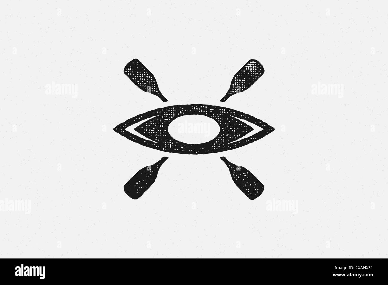 Pagaie per silhouette incrociate dietro il kayak come simbolo di attività estreme in natura illustrazione vettoriale con effetto timbro disegnato a mano. Texture vintage grunge Illustrazione Vettoriale