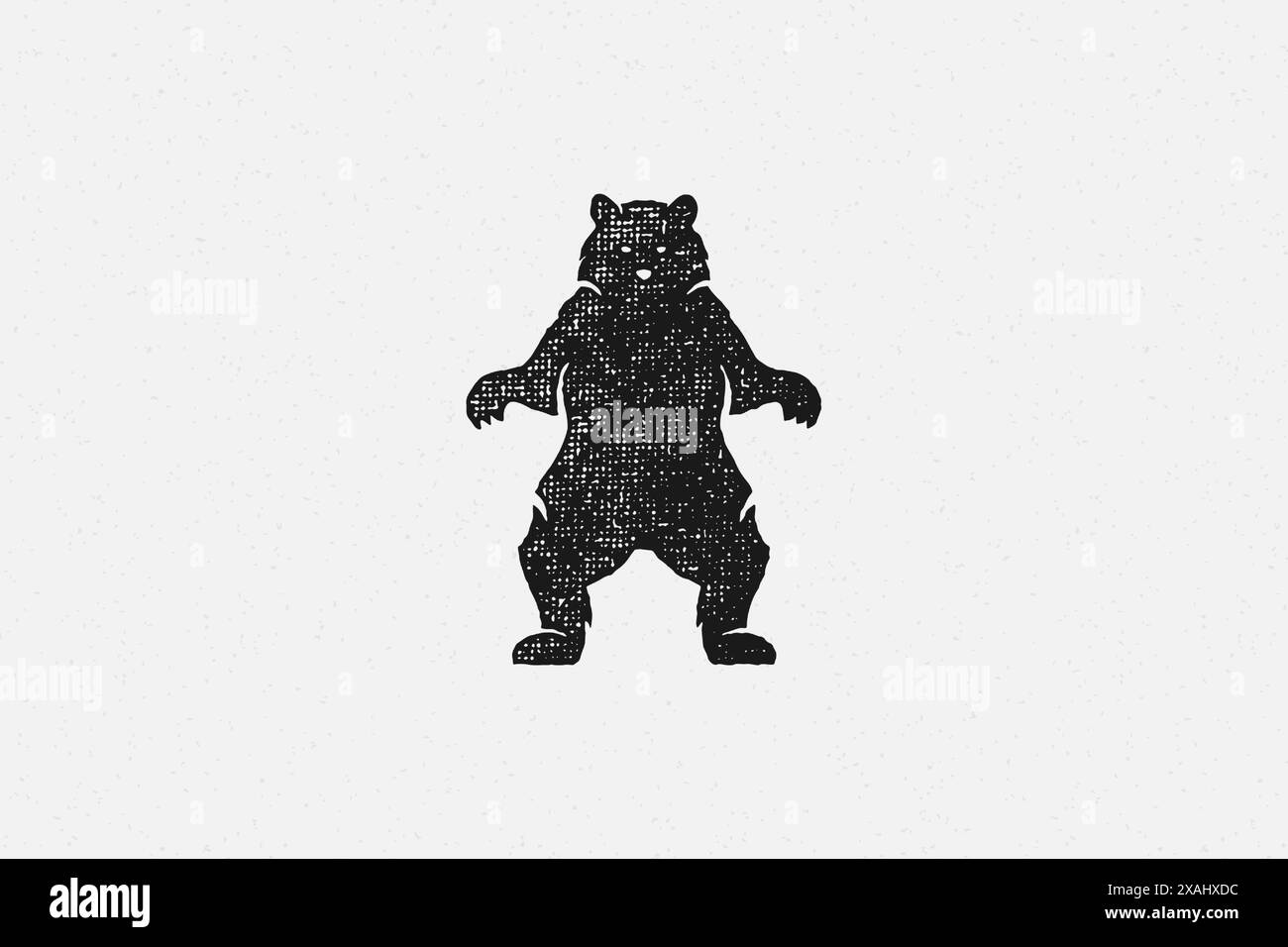 Silhouette nera orso selvatico in piedi sulle gambe posteriori come emblema della natura esplorazione disegno a mano effetto timbro illustrazione vettoriale. Texture vintage grunge o Illustrazione Vettoriale
