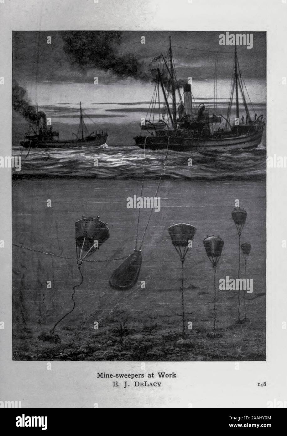Mine Sweepers at Work E. J. DeLacy dal libro Heroic Deeds of the British navy in the Great War di Wheeler, Harold F. B. (Harold Felix Baker), pubblicato Birmingham : ELD & Blackham Limited 1917 Foto Stock
