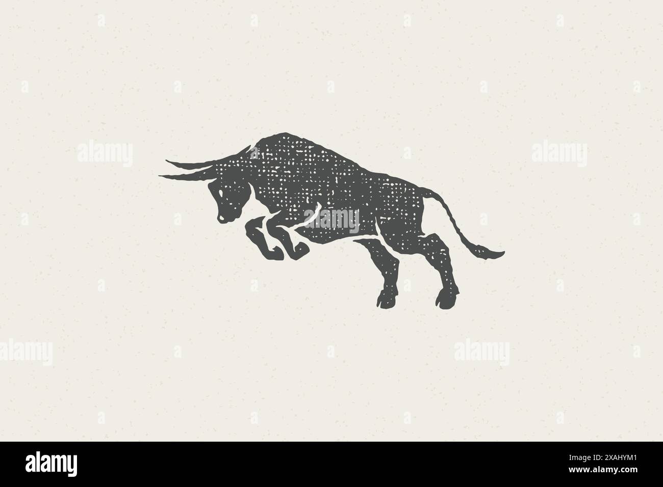 Arrabbiato nero bue silhouette leaping e goring in fattoria disegno a mano effetto timbro illustrazione vettoriale. Emblema vintage con texture grunge per imballaggi in macelleria Illustrazione Vettoriale
