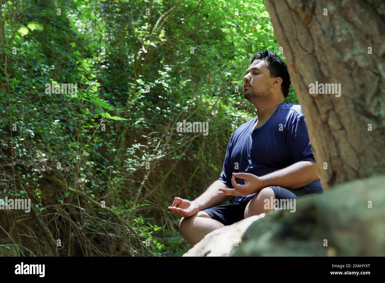 Giovane ragazzo dai capelli scuri con una maglietta blu seduto a meditare su un tronco di albero in una foresta pluviale tropicale Foto Stock