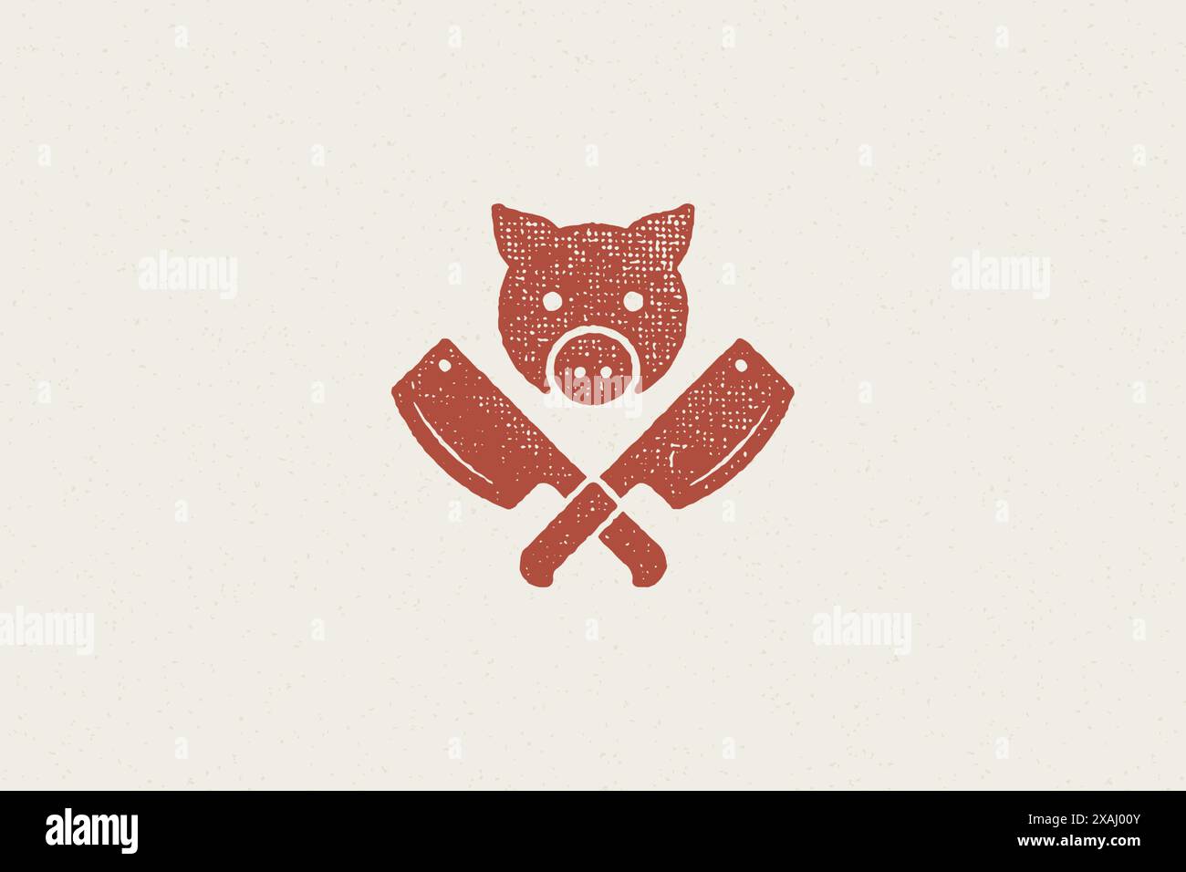 Silhouette a testa di maiale e coltelli da macellaio incrociati per l'industria della macelleria illustrazione vettoriale a effetto timbro disegnato a mano. Emblema vintage in texture grunge per pa Illustrazione Vettoriale