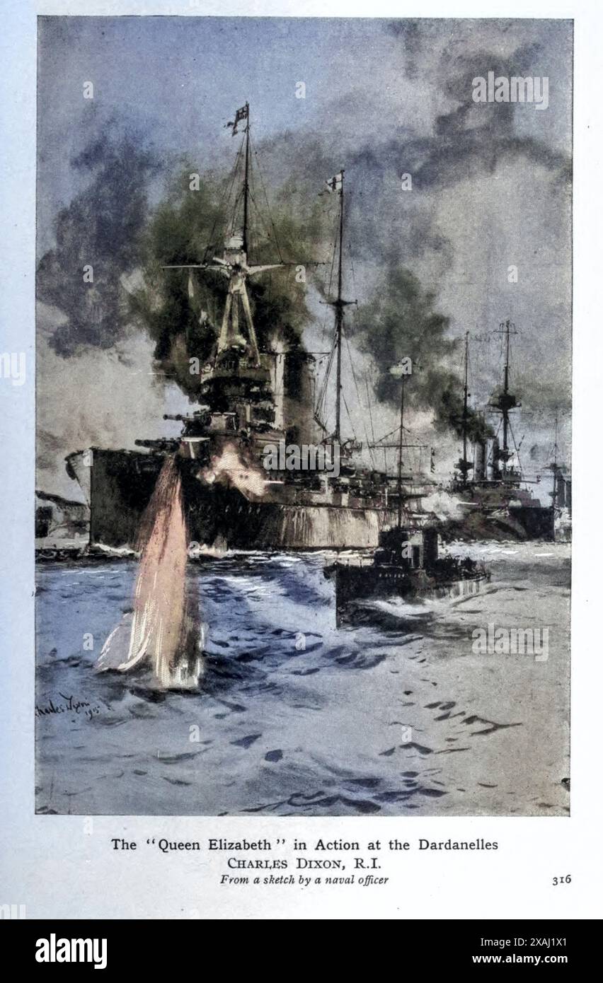 The Queen Elizabeth in action at the Dardanelles di Charles Dixon [colorizzato] dal libro Heroic Deeds of the British navy in the Great War di Wheeler, Harold F. B. (Harold Felix Baker), pubblicato Birmingham : ELD & Blackham Limited 1917 Foto Stock