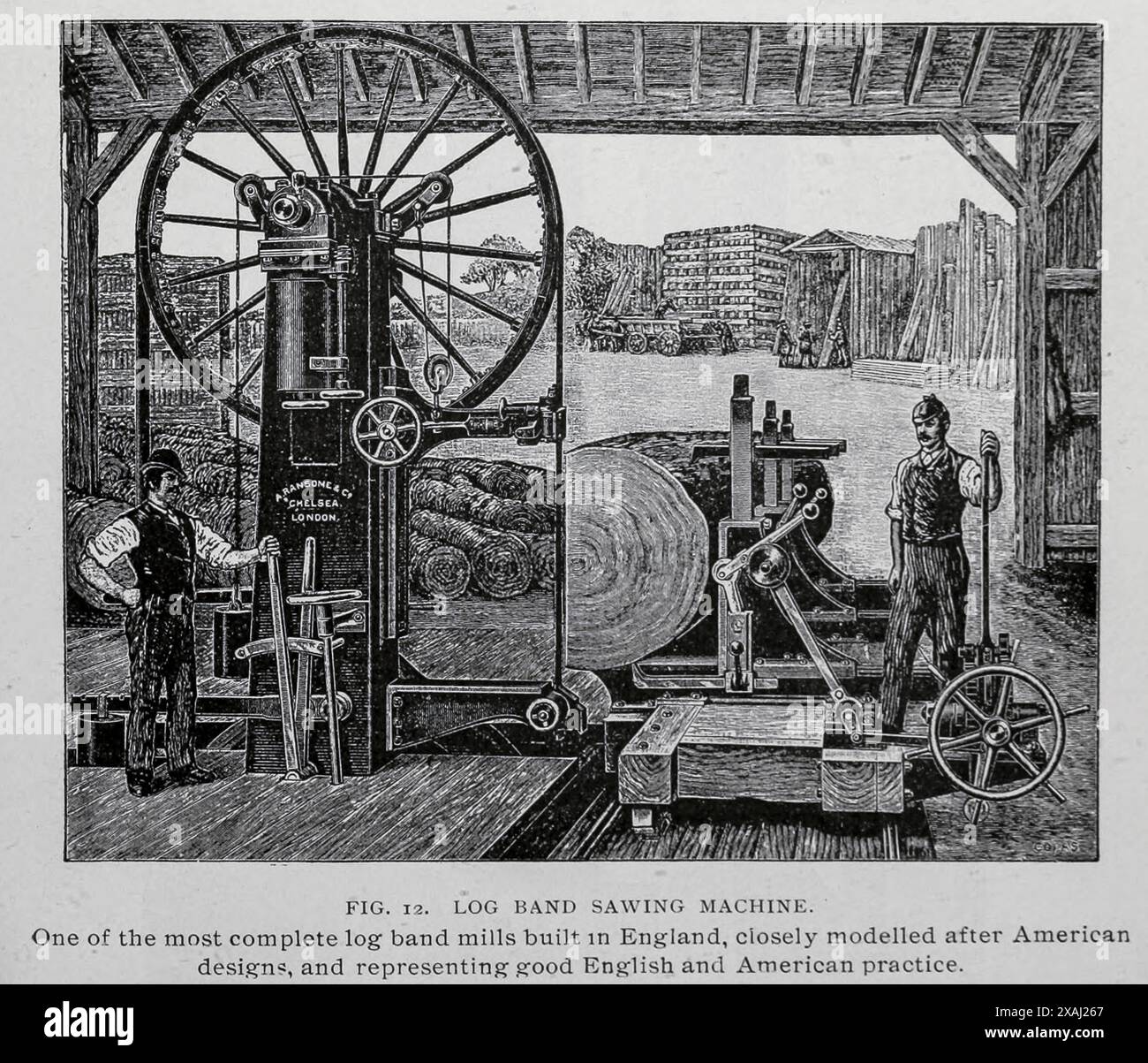 SEGATRICE A NASTRO TRONCATRICE. Uno dei più completi mulini per bande di tronchi costruiti in Inghilterra, modellato da vicino su disegni americani, e che rappresenta la buona pratica inglese e americana. Dall'articolo LO SVILUPPO DI MACCHINE PER LA LAVORAZIONE DEL LEGNO. Di John Richards. Dalla rivista Engineering dedicata al progresso industriale volume XVII 1899 The Engineering Magazine Co Foto Stock