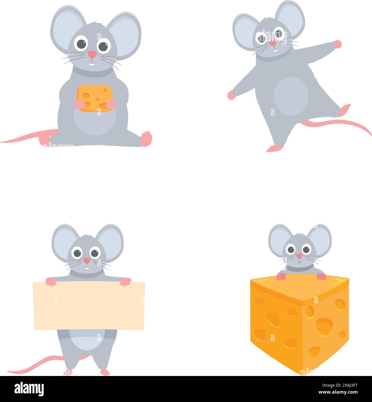 Adorabile collezione di simpatiche illustrazioni di topi cartoni animati con pose giocose ed espressioni divertenti. Con affascinanti personaggi roditori con baffi. Orecchie. E croce Illustrazione Vettoriale