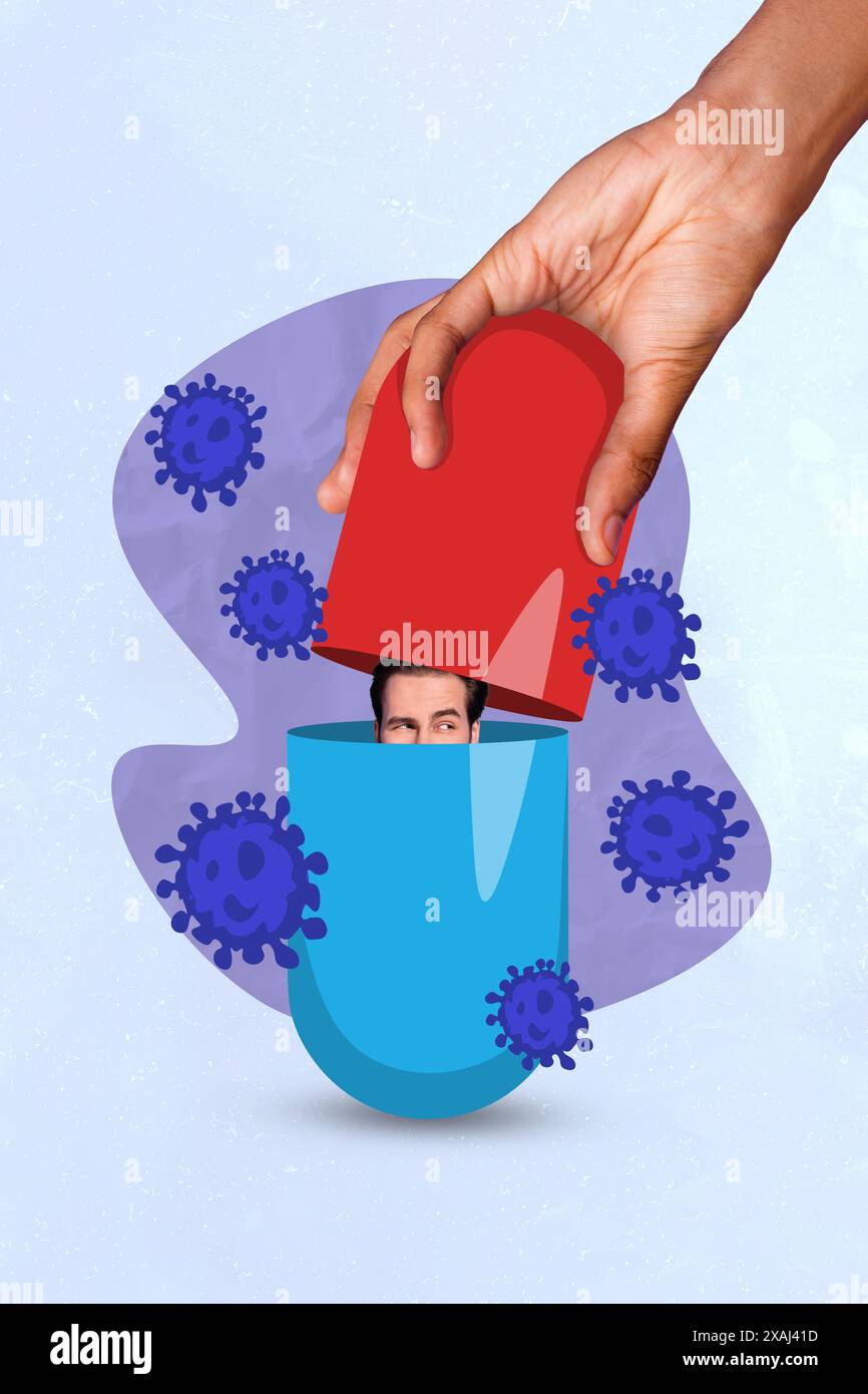 Collage di immagini d'arte di giovane ragazzo divertente che nasconde batteri virus seduti dentro pillola enorme isolato su sfondo disegno Foto Stock