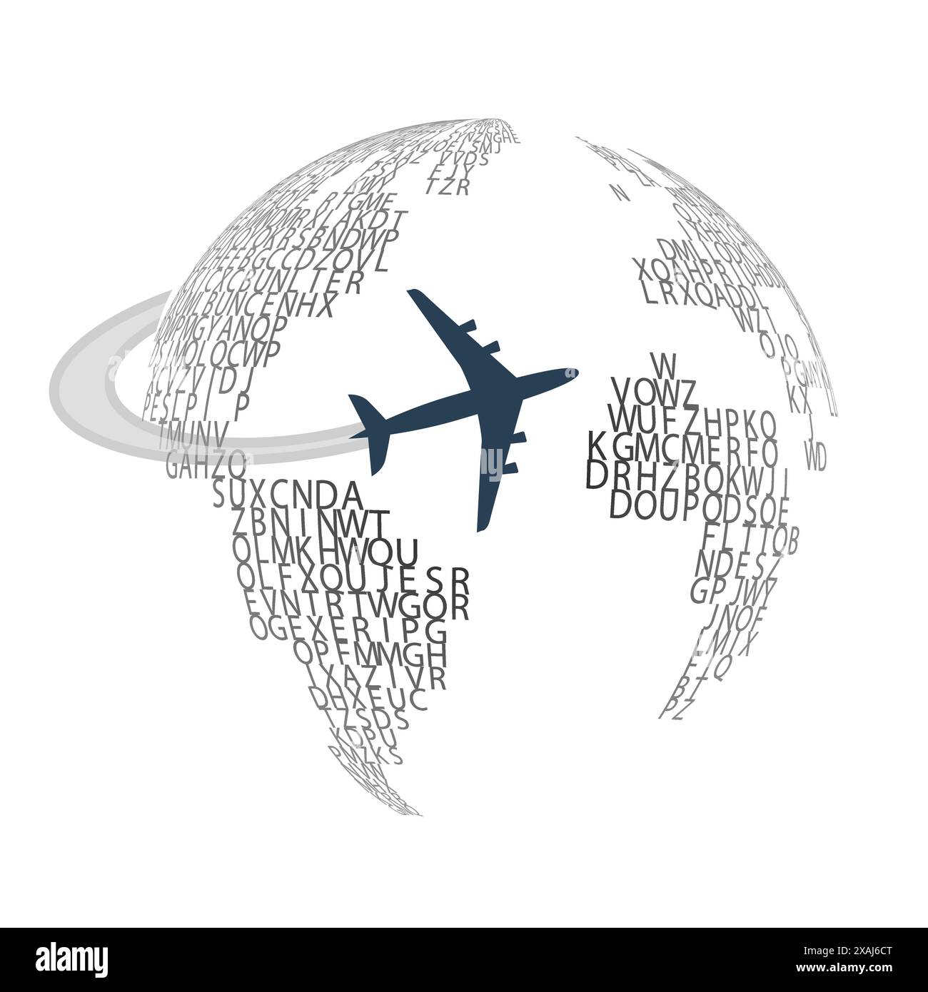 Design a globo nero trasparente con motivo di lettere, aereo in giro per il mondo - concetto di design itinerante, isolato su sfondo bianco, vettore Illustrazione Vettoriale