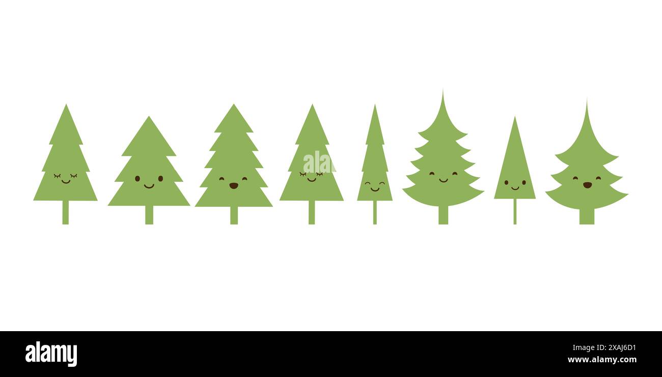 Fila di molti simpatici personaggi di Pine Tree - icone semplici di alberi verdi, piante, foresta - Set di design vettoriale minimalista, Clip-Art Collection of Tree Emoji Illustrazione Vettoriale