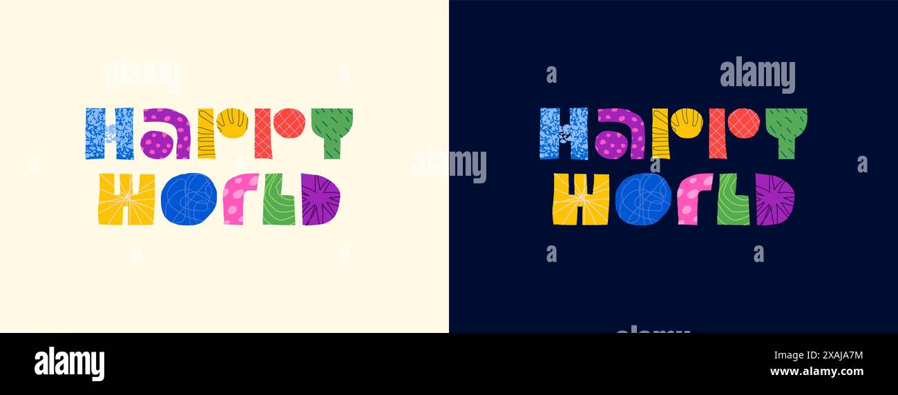 Logo decorativo astratto Happy World. Moderna grafica colorata che dà forma alle lettere per la pubblicità della sala giochi per bambini o del negozio di giocattoli. I bambini mettono un segno creativo alla moda. Simbolo eps in stile cartoni animati Illustrazione Vettoriale