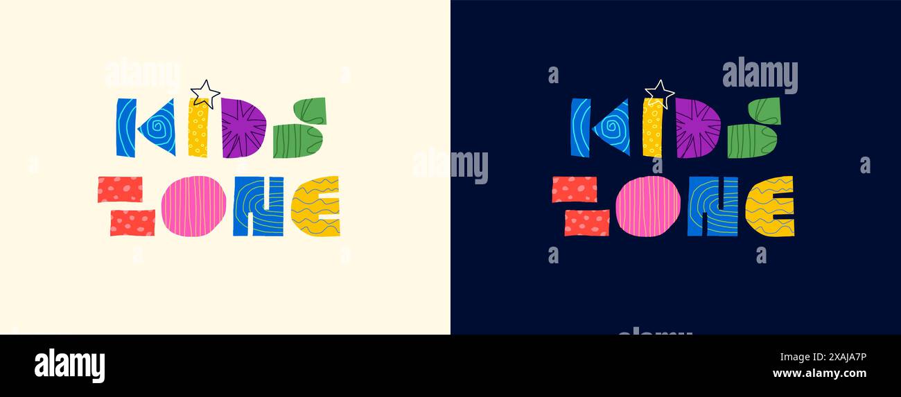 Logo decorativo astratto zona bambini. Moderna scritta con forme grafiche colorate per la pubblicità in sala giochi. I bambini si divertono e giocano in un posto alla moda e creativo. Iscrizione in stile cartoni animati Illustrazione Vettoriale