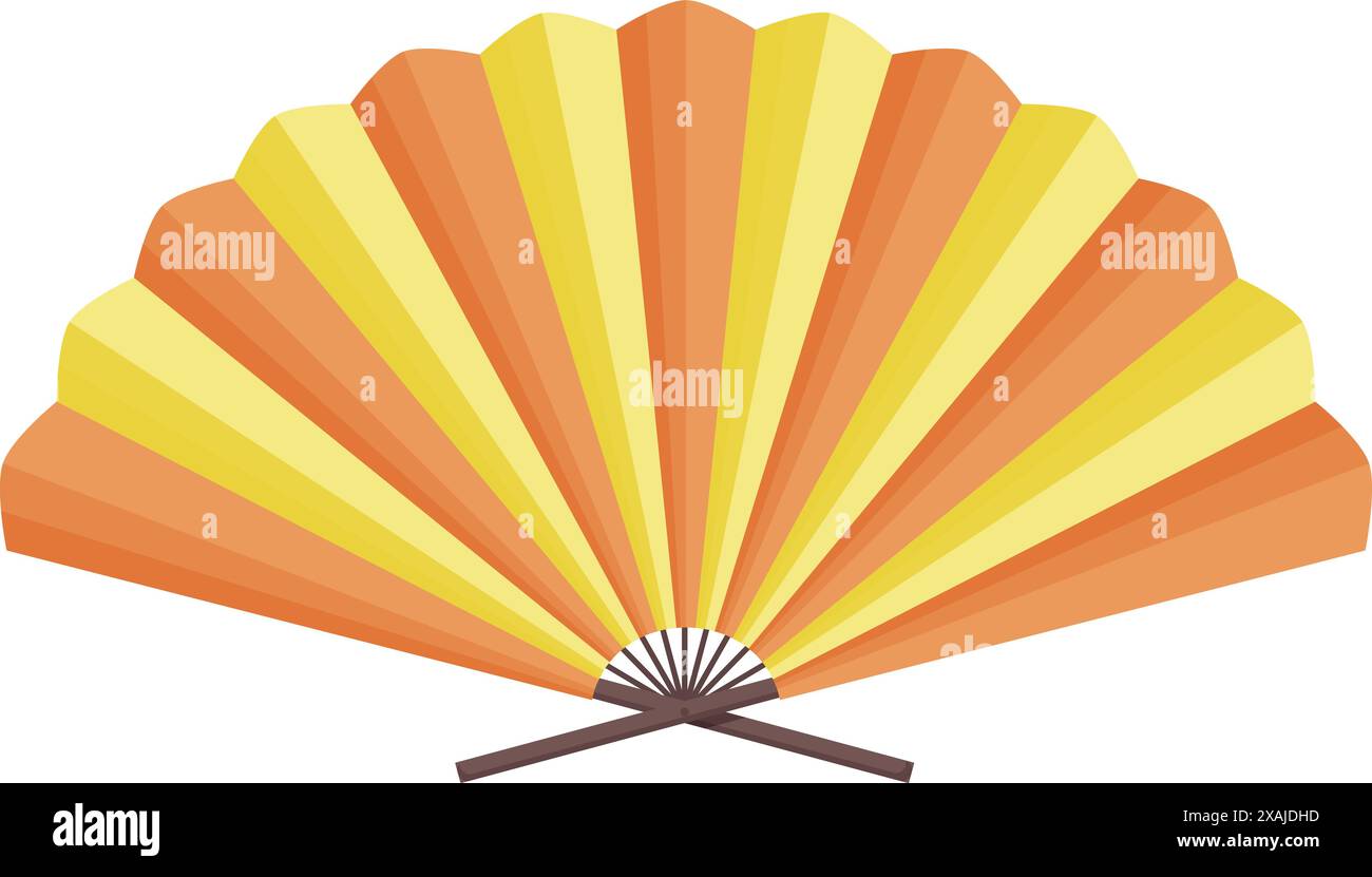 Il ventilatore portatile tradizionale giapponese o cinese si piega e si apre mostrando colori alternati arancione e giallo Illustrazione Vettoriale