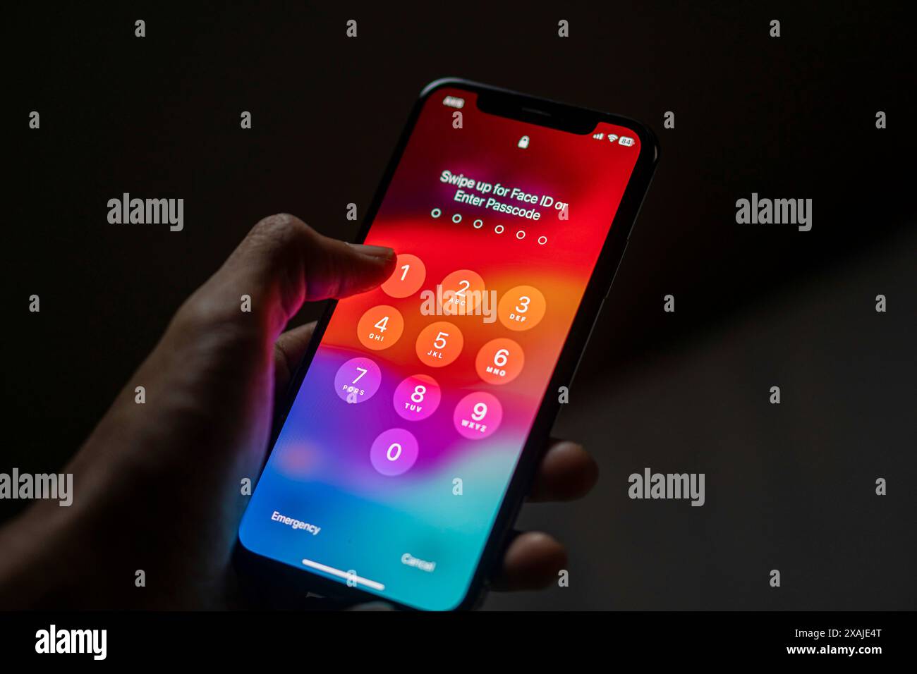 Una persona che possiede uno smartphone con una schermata di immissione del codice di accesso visualizzata. Sullo schermo viene richiesto di immettere il Face ID o il codice di accesso. Foto Stock