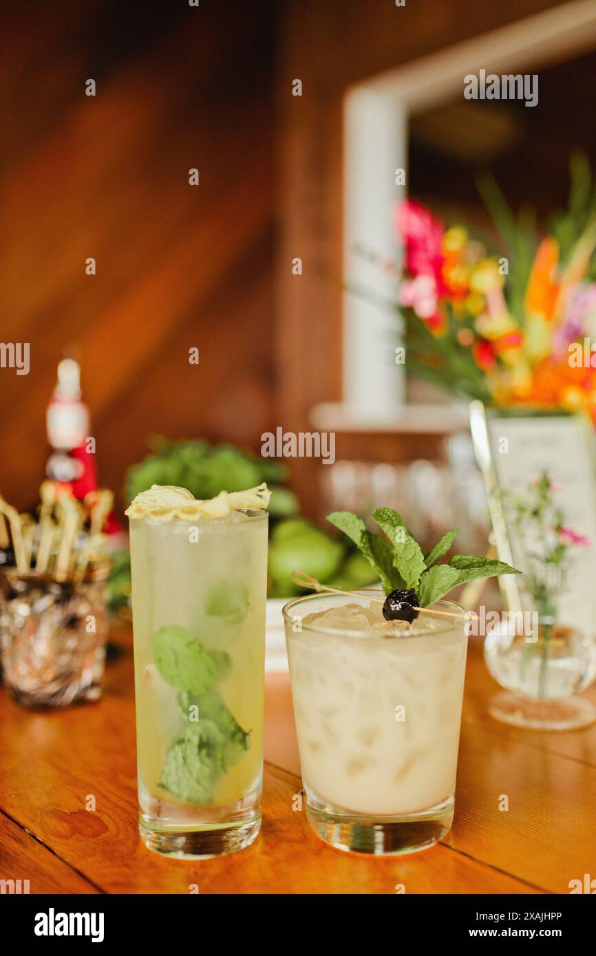 Cocktail tropicali con ananas e menta in bicchieri Foto Stock