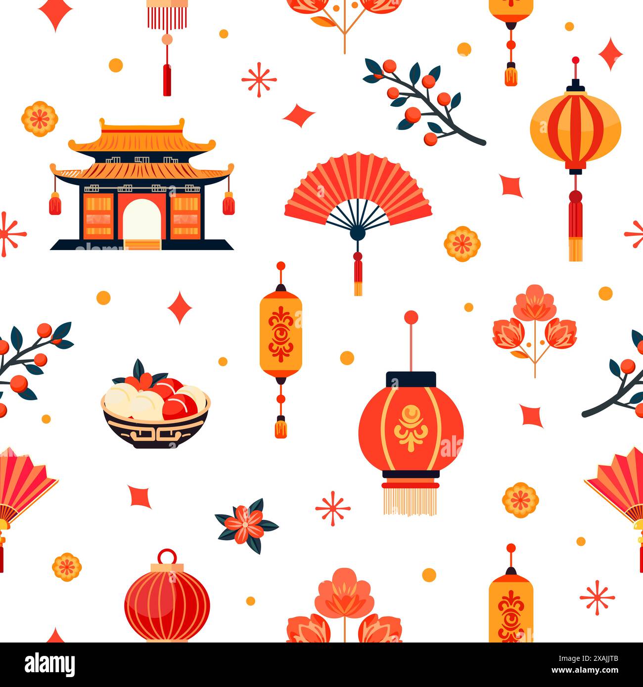 Vector Seamless pattern Holiday Happy New Year Celebration. Tempio buddista, lanterna cinese, ramo con frutti di bosco, ciotola con cibo nazionale, ventilatore, farina Illustrazione Vettoriale