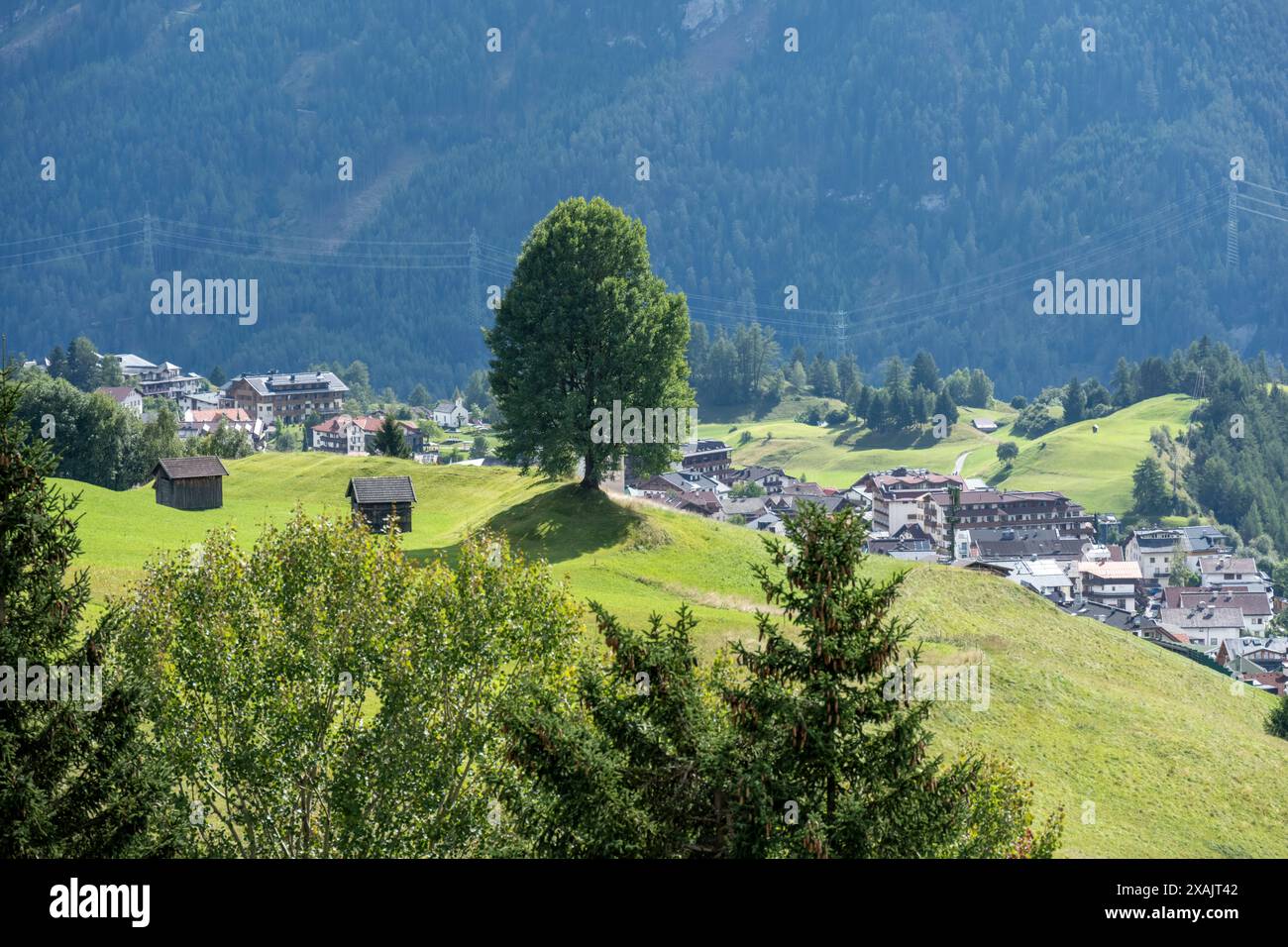 Austria, Serfaus-Fiss-Ladis, vista dal Möseralmbahn a Fiss. Foto Stock