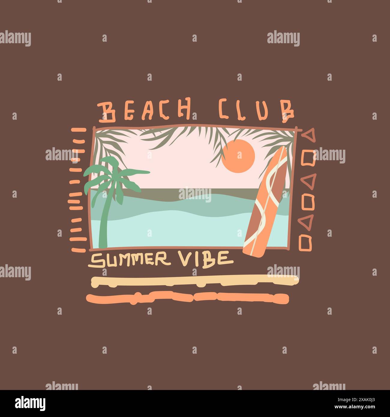 Stile t shirt retrò per il Beach Club, atmosfera estiva e natura Illustrazione Vettoriale