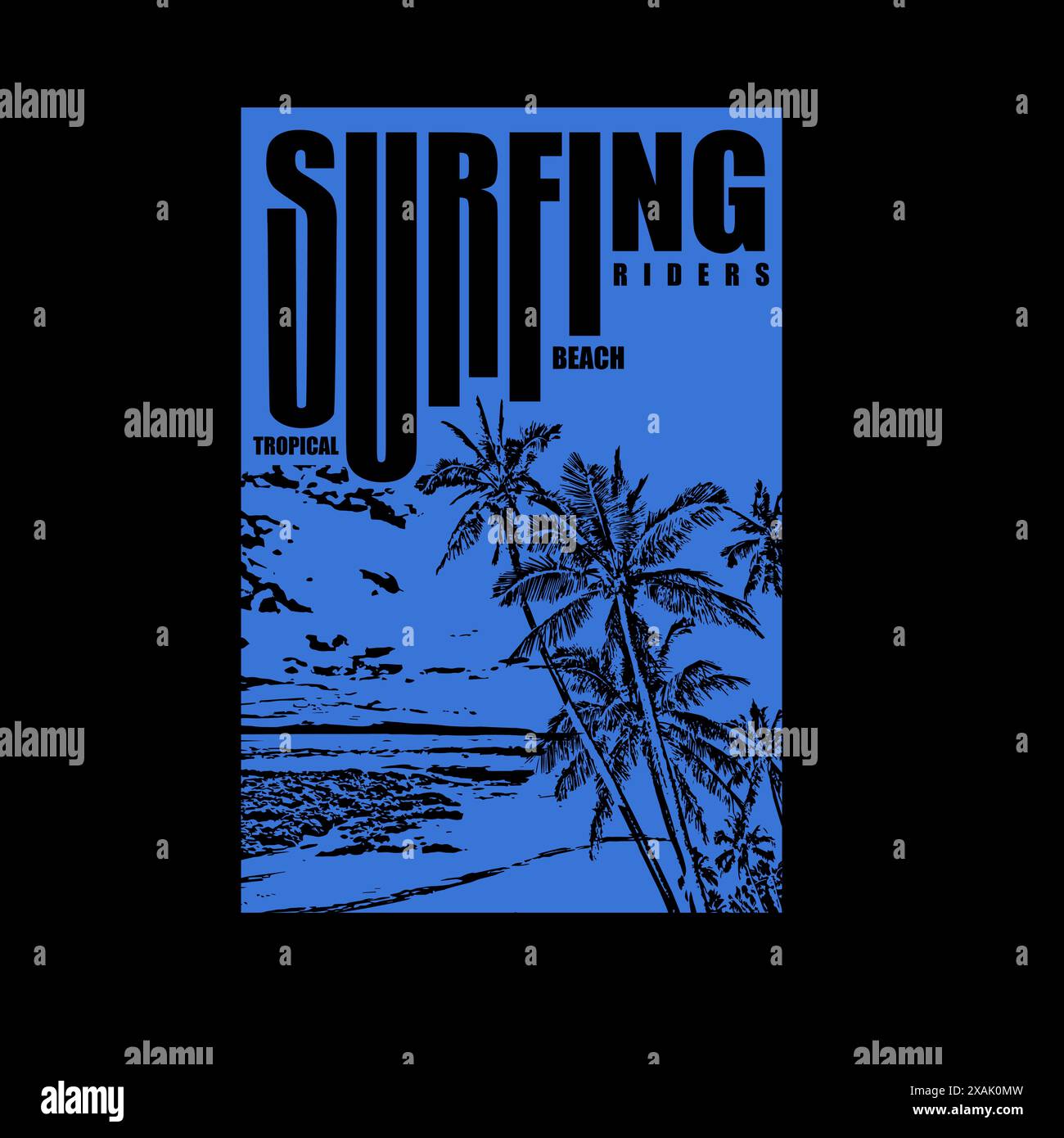 in estate, chi pratica surf in spiaggia può fare un poster con palme Illustrazione Vettoriale