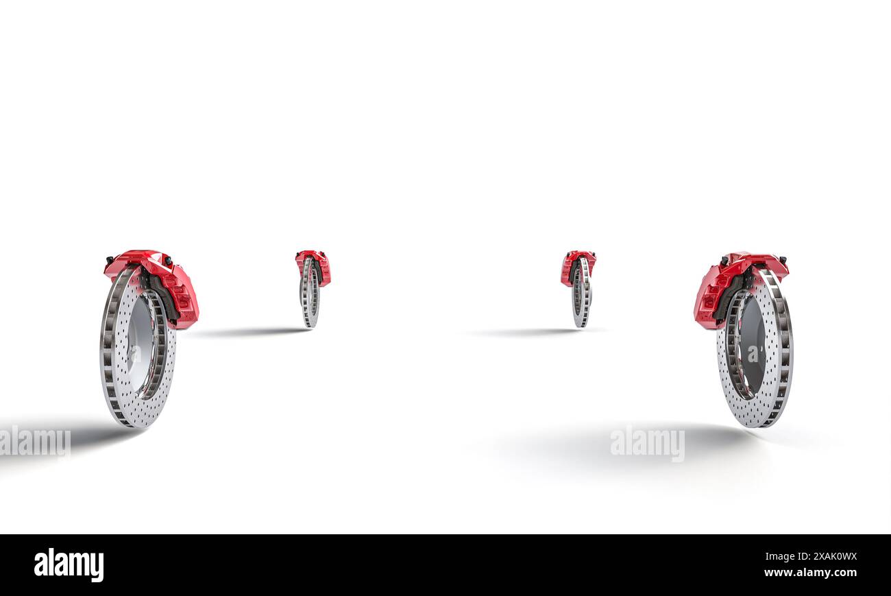 Pinze dei freni rosse, dischi dei freni, sfondo bianco, rendering 3d. Foto Stock
