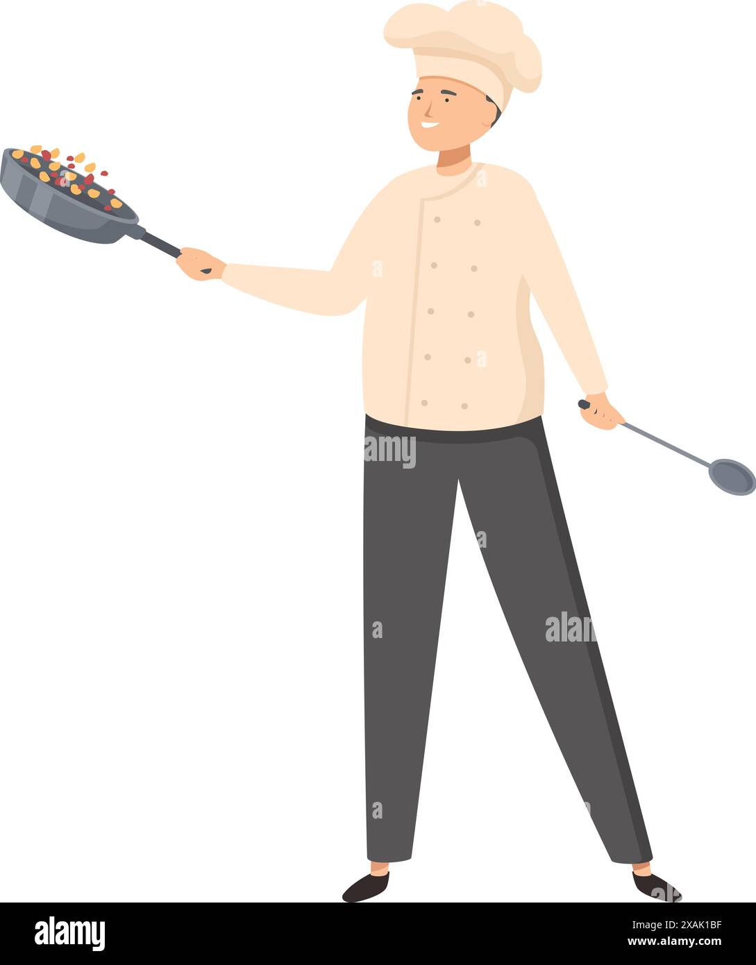 Lo chef esperto sfoglia sapientemente gli ingredienti in una padella, dimostrando la competenza culinaria e la passione per la creazione di piatti saporiti Illustrazione Vettoriale