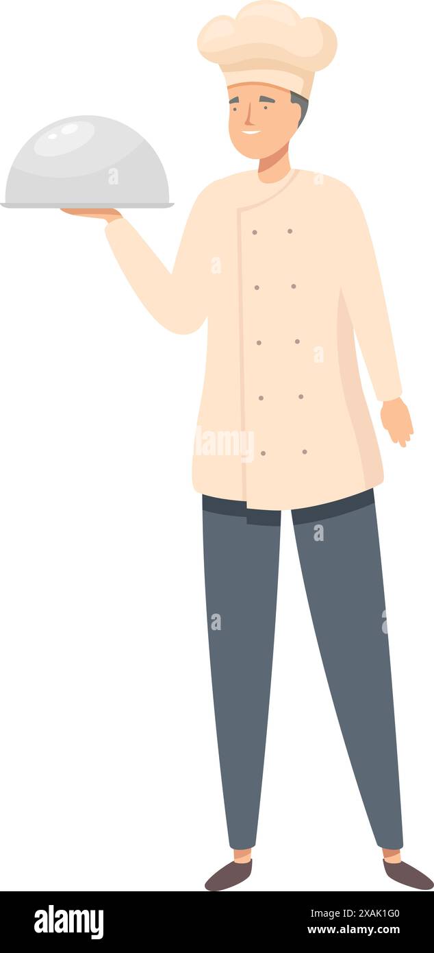 Chef professionista in possesso di un ristorante coperto che serve vassoio sorridente e in piedi Illustrazione Vettoriale
