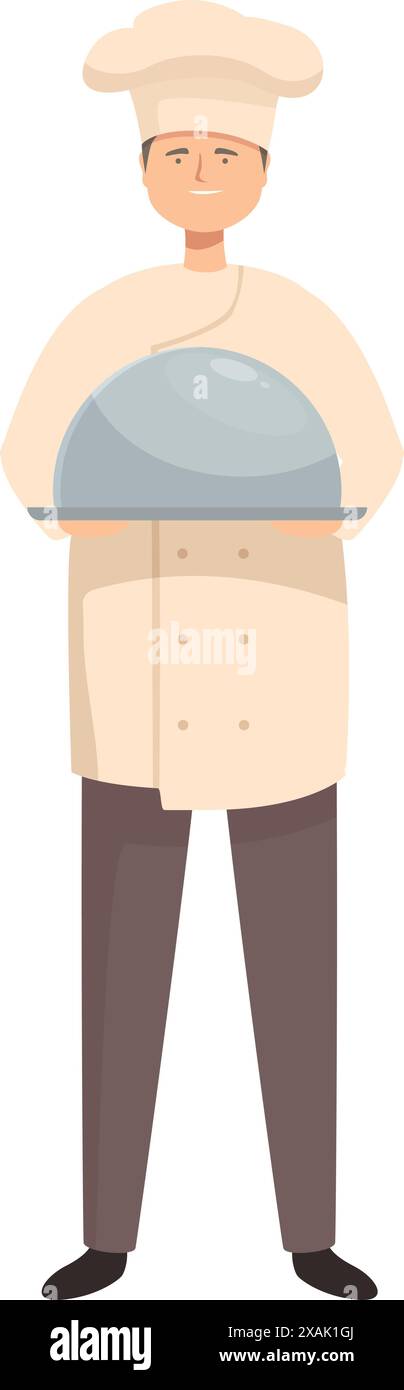 Lo chef sorridente e fiducioso ha in mano un piatto coperto del ristorante cloche Illustrazione Vettoriale