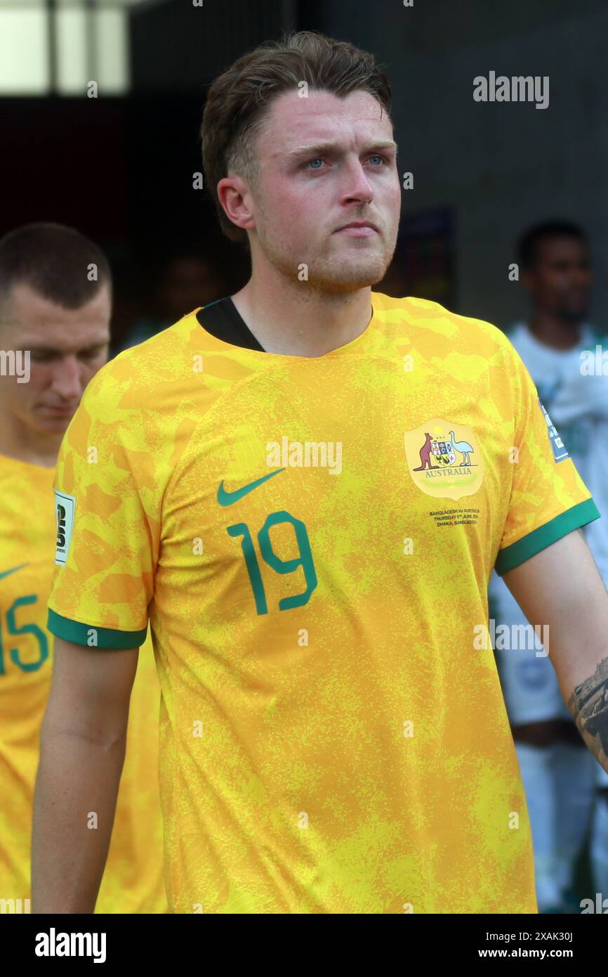 Harry Souttar prima della partita di andata delle qualificazioni ai Mondiali di calcio contro il Bangladesh a Dacca, Bangladesh, 6 giugno 2024 Foto Stock